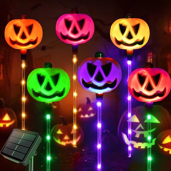 Homeleo Set of 6 Solar Pumpkin Pathway Lights for Halloween Decorations Outdoor, Color Changing Outdoor Lights, Light up Jack O Lantern Pumpkins Party Porch Yard HLD578