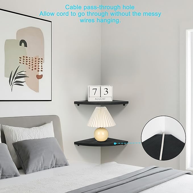 Corner Wall Shelves Set of 2, Rustic Wood Corner Floating Shelves with Cable Raceway, Wall Mount Storage Display for TV Accessories, Baby Monitor (Black, Fan-shaped-10 Inch)
