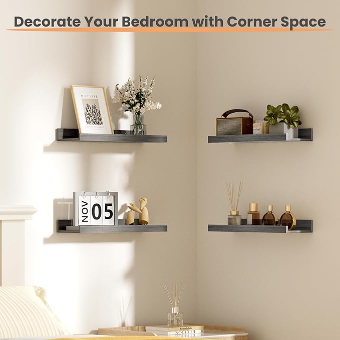 upsimples Floating Shelves for Wall, Wall Shelves for Decor Storage Set of 6, Wall Mounted Wood Shelves for Bedroom, Living Room, Bathroom, Kitchen, Picture Ledge Shelves, Grey