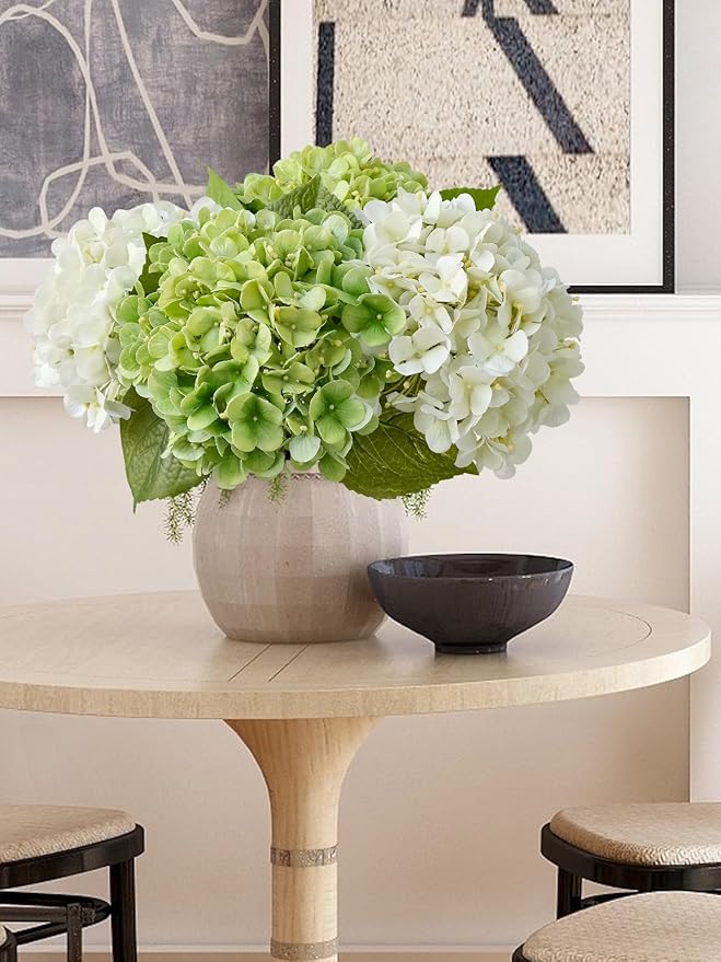 2PCS White & 2PCS Green Fake Hydrangea Real Touch 20" Latex Artificial Hydrangea Flowers with Long Stems for Outdoor Indoor Spring Home Decor Porch Party Wedding Xmas Floral Arrangements