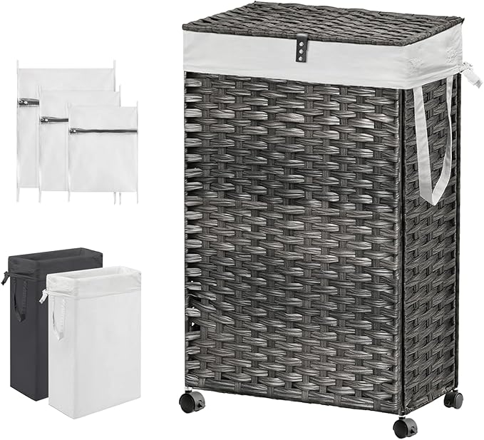 88L Slim Laundry Hamper with Wheels, 23.3 Gallon Rolling Laundry Basket with Lid, Tall and Narrow Laundry Hamper with 2 Removable Liner & 3 Mesh Laundry Bags, Laundry Sorter for Bathroom, Grey