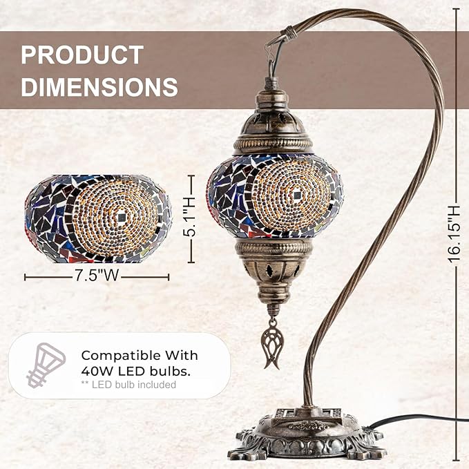 Kafthan Turkish Moroccan Mosaic Lamp – Handmade Glass Swan Neck Bedside Lamp with Antique Brass Base, Ideal Decor for Bedroom, Office, Living Room – Bulb Included (Red&Navy Central Circles)