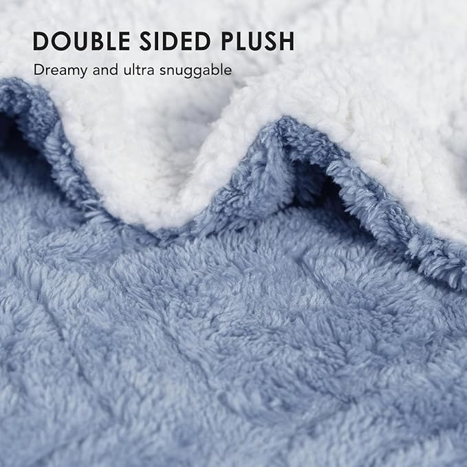 EVERGRACE Jacquard Boho Sherpa Fleece Throw Blanket for Couch, Super Soft Cozy Fuzzy Plush Blankets for All Seasons, Reversible Thick Warm Blanket for Bed, Sofa, Living Room, Blue Linen, 50" x 60"