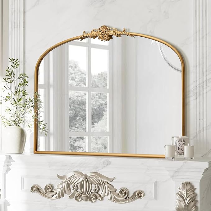 Vintage Baroque Arched Mirror: 40"x30" Gold Antique Wall Mounted Mirror - Traditional Ornate Metal Frame - Home Decor for Entryway/Fireplace/Living Room/Hallway/Bathroom