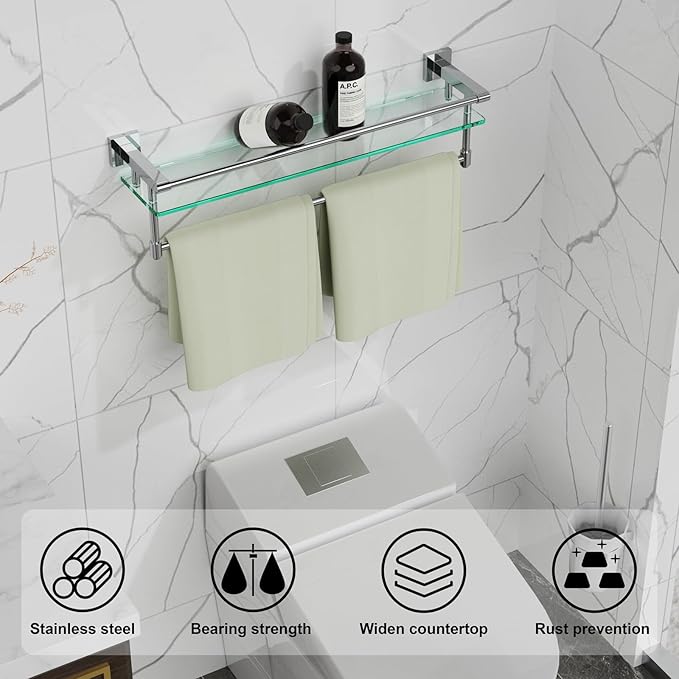 20" Glass Shelves for Wall with Towel Bar/Track SUS 304 Stainless Steel Shelf Tempered Glass Shelf, for Toilet, Room Decor(Chrome Polished, 24-inch)