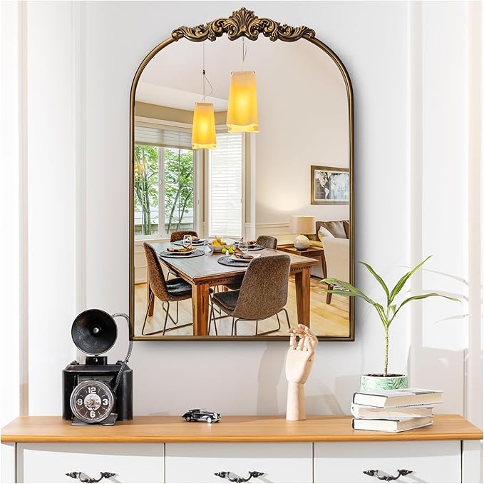 Ornate Baroque Vintage Gold Mirror - 19"X27" Arched Antique Brass Mirror with Full Metal Frame - Perfect for Entryway, Fireplace, Living Room, Hallway, or Bathroom Décor