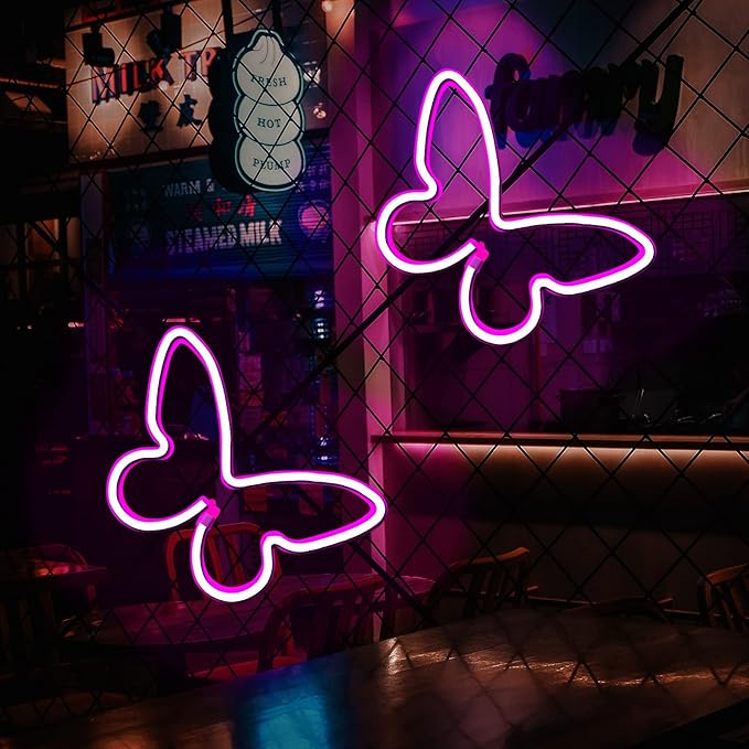 2 Pieces Butterfly Neon Sign, LED Light for Bedroom Wall Decor, USB/Battery Powered Night Light for Kids Room, Girls Home, Wedding, Birthday Party Art Decorations