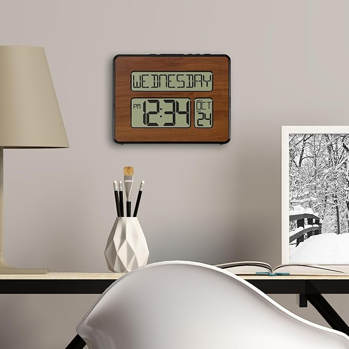 La Crosse Technology 513-1419-WA-INT Atomic Large Full Digital Calendar Clock, Walnut, 9.84"L x 1.14"W x 7.48"H