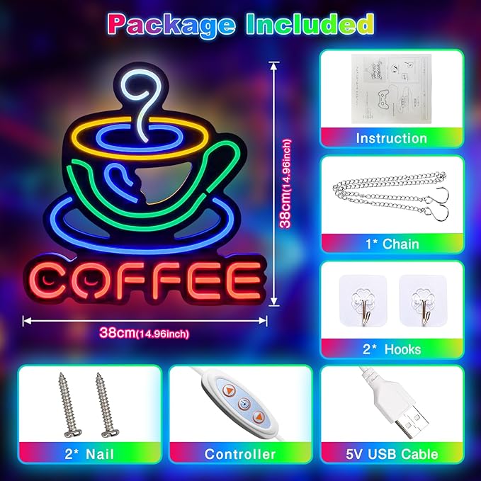 Coffee Neon Sign Led Neon Signs, Coffee Signs Led Dimmable Brightness USB Powered Cafe Neon Light Sign Wall Decor For Cafe Shop, Coffee Station,Coffee Bar,14.9 * 14.9 Inch