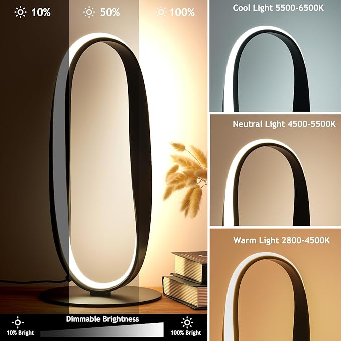 NUÜR Circle LED Table Lamp, 3 Color Temperatures Bedside Lamp for Living Room, Stepless Dimmable Bedside Table Lamp, Black Unique Nightstand Lamp for Bedroom, Home, Office