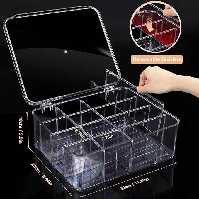 2pcs Sock Underwear Organizer, 16 Compartment Adjustable Dividers Bras Socks Underwear Drawer Organizers for Closet, Clear Plastic Storage Containers Box with Lids for Ties Bra Scarf Socks