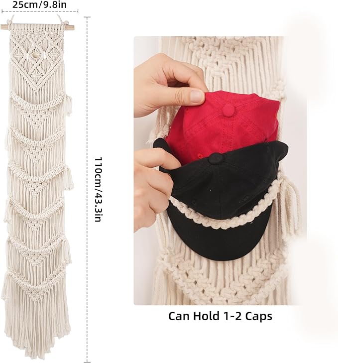 2PCS Macrame Cap Holders Boho Hat Hangers Over Door Ball Cap Rack Organizer Decorative Bohemian Handmade Woven Wall Hanging for Baseball Cap Display Decoration (Ivory, Up to 24 Caps)