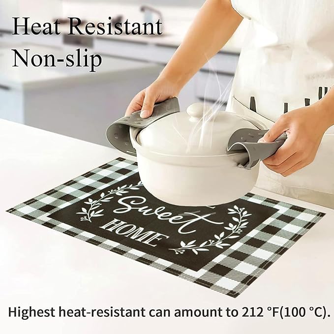 Buffalo Plaid Placemats Set of 8, Black White Farmhouse Placemats - Linen Washable Heat Resistant Waterproof Place Mats for Ktichen Dining Table 18 X 12 Inch, Plaid