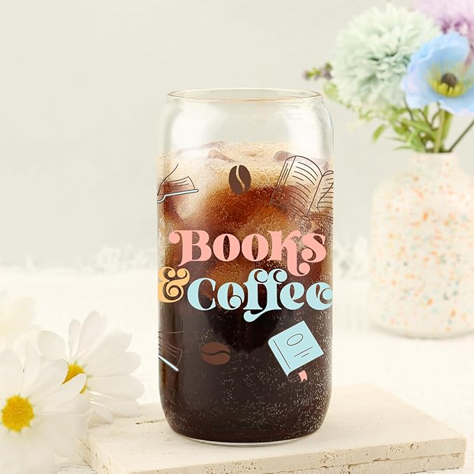 Book Lover Gift, Books & Coffee Glass Tumbler 16 oz, Gifts for Her, Bookish Gifts, Bookworm Club Gift, Secret Santa Present, College Birthday Reading Presents, Iced Coffee Glass with Lid and Straw