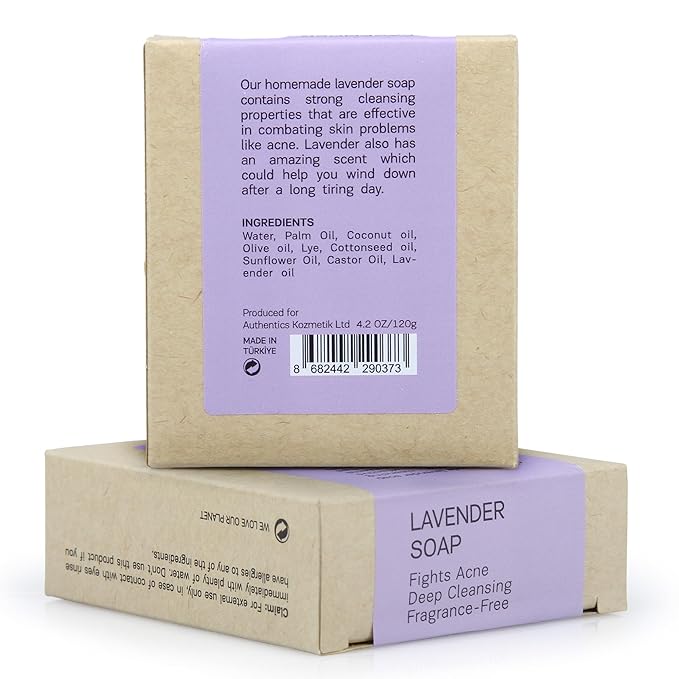 AUTHENTIC BATH & SOAP - Lavender Soap Bars (2PK) – Scented with Lavender essential Oil Organic, Relaxing & Soothing, Face and Body Unscented Bar soap for Women & Men, Cruelty Free, Vegan. 4.2 Oz each