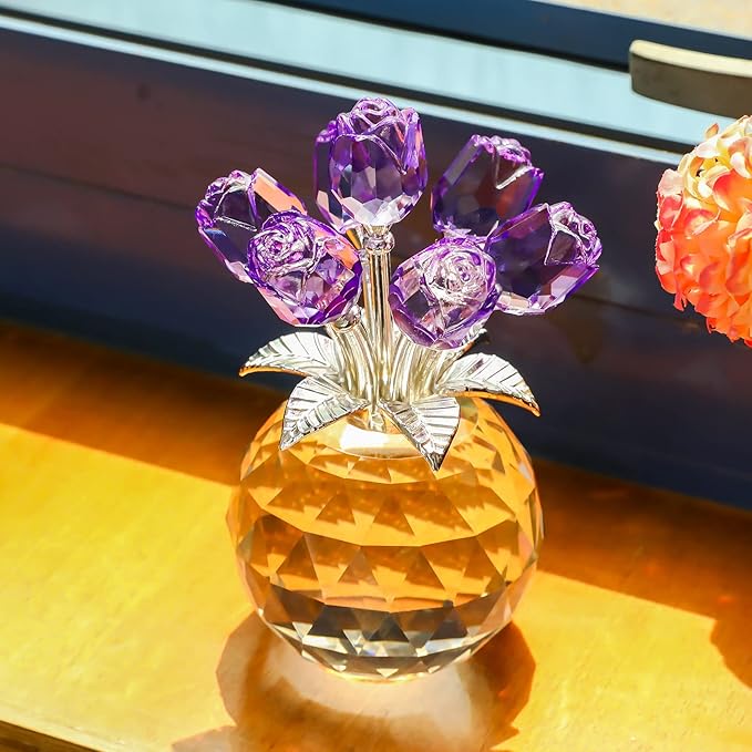 Purple Rose Flower Crystal Figurine with Vase, Bouquet Flowers Ornament Gifts for Wife Girlfriend Women , Handmade Crystal Flower Collectible Home Table Decor for Valentine's Day Wedding Anniversary