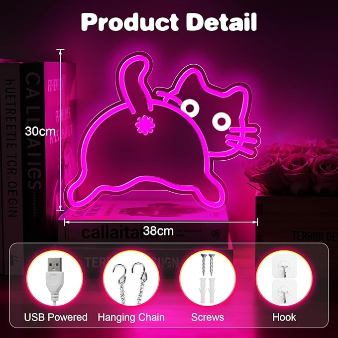 Cat Neon Sign for Wall Decor,Dimmable Funny Kitty Neon Light,Pink Animal Light Up Signs for Bedroom Party Bar Background Decoration