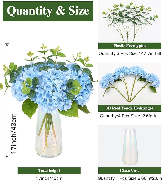 Tifuly Fake Hydrangea Artificial Flowers with Vase 4pcs Real Touch Faux Hydrangea and 3pcs Eucalyptus Stems for Wedding Centerpiece Home Party Table Decoration(Blue)