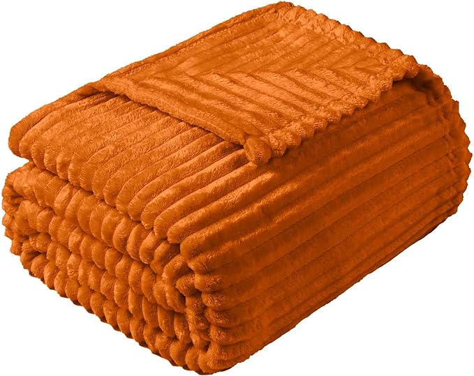 Vessia Flannel Fleece Queen Size Blanket for Bed,Couch,Sofa(90x90 inch), 300GSM Microfiber Burnt Orange Striped Bed Blanket for Adults, Super Soft Warm Cozy Lightweight Ribbed Decor for All-Season