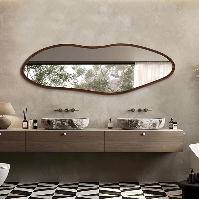 Irregular Full Length Mirror, 65"x22" Wooden Farmhouse Full Body Mirror, Large Asymmetrical Wall Mirror, Decorative Wall Mounted Mirrors for Living Room Entryway, Horizontal/Vertical, Walnut