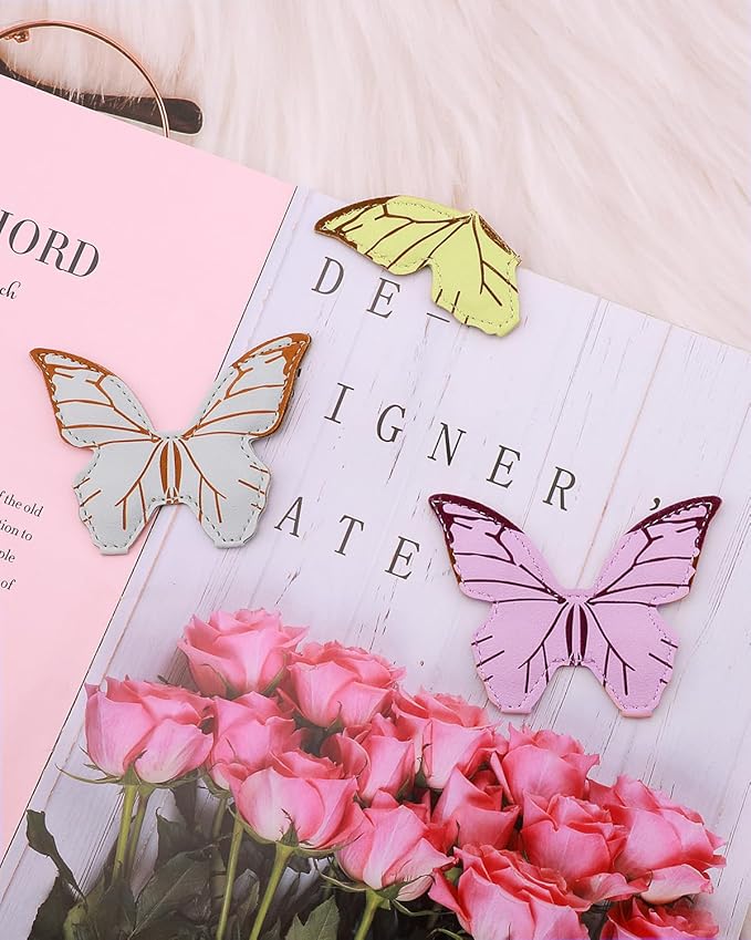 Leather Magnetic Bookmark, 3Pcs Butterfly Bookmarks, Magnet Bookmark Clips Gift for Women, Kids, Reading Lovers, Teacher Gift for School Office Home Supplies (Purple+Green+Blue)