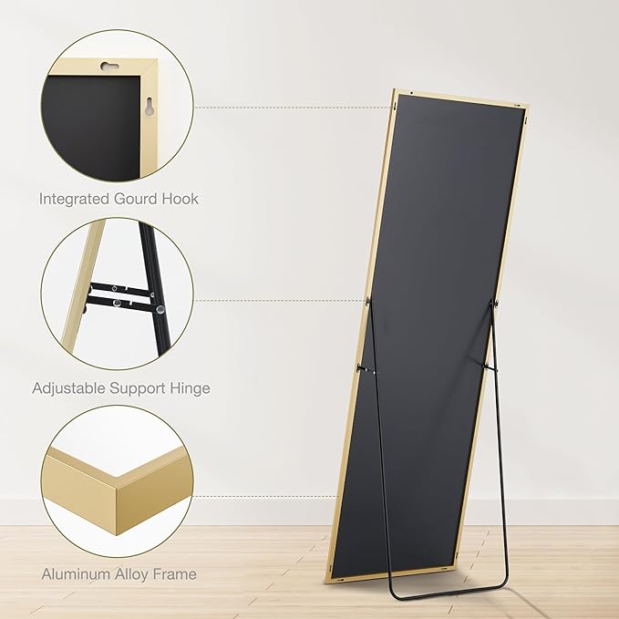 Sweetcrispy 64"x21" Full Length Mirror Full Body Floor Mirror Standing Hanging or Leaning Wall, Wall Mirror with Stand Aluminum Alloy Thin Frame for Bedroom Cloakroom,Gold