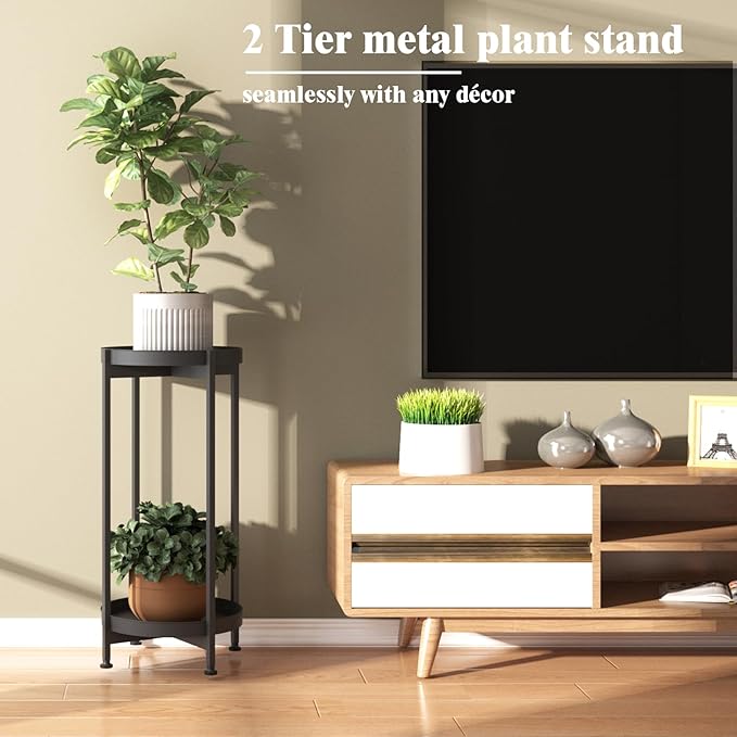 Plant Stand Indoor Outdoor, 2 Tier Indoor Outdoor Plant Stands Metal Flower Stand Heavy Duty Plant Holder Side Table with Large Trays for Living Room Balcony Patio