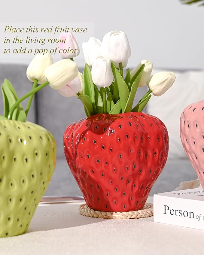 DN DECONATION Red Strawberry Vase, Strawberry Ceramic Flower Vases for Colorful Girly Home Decor, Decorative Cute Vase for Strawberry Party Decorations