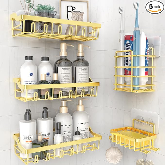 5 Pack Adhesive Shower Caddy, Rustproof Stainless Steel Shower Racks for Bathroom Organizers & Storage, Gold Wall Mounted Shower Shelves for Inside Shower Apartment Bathroom Essentials