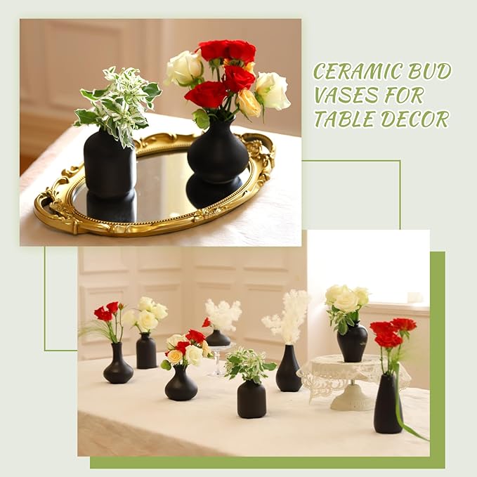 Small Black Vases Set of 8 - Mini Ceramic Bud Vases for Flowers, Pampas Grass, Rustic and Modern Home Decor, Perfect for Living Room, Table Centerpieces, Black Vases Home Decor, Bathroom Decor