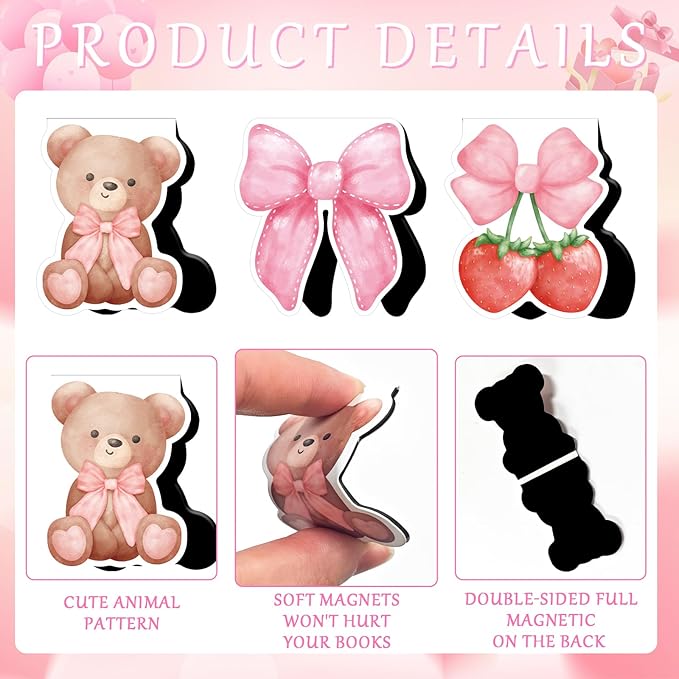 Pink Coquete Bows Magnetic Bookmarks - Wxiben 12 Pcs Pink Bow Magnetic Bookmark Strawberry Bear Book Mark Magnets Cowgirl Boot Book Markers Page Clip Gift for Teen Girls Book Lovers Students Reading