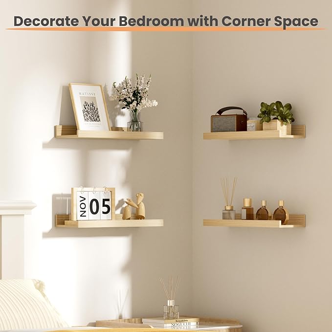 upsimples Floating Shelves for Wall, Wall Shelves for Decor Storage Set of 6, Wall Mounted Wood Shelves for Bedroom, Living Room, Bathroom, Kitchen, Picture Ledge Shelves, Natural