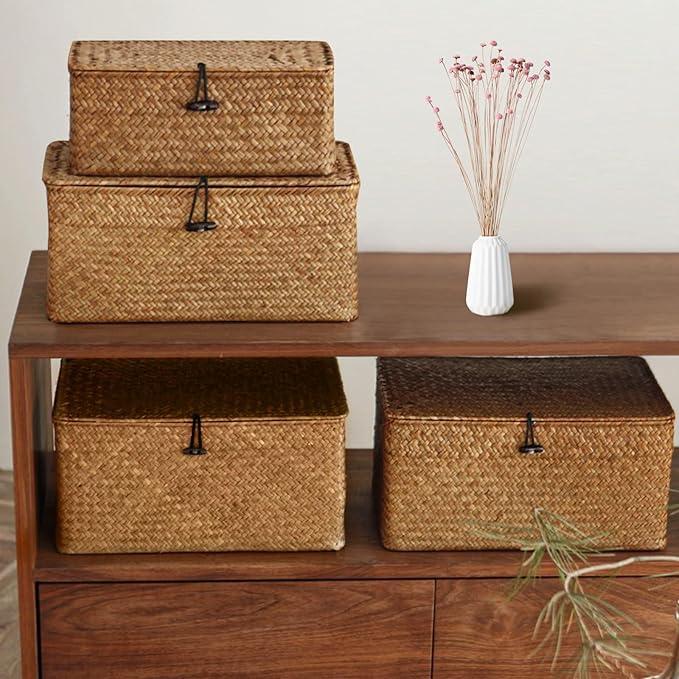 Wicker Storage Basket with Lid, Seagrass Storage Bins with Lids, Rectangular Handwoven Shelf Baskets with Lid for Home Organizer, Rattan Decorative Box for Clothes, Groceries, Snacks (S)