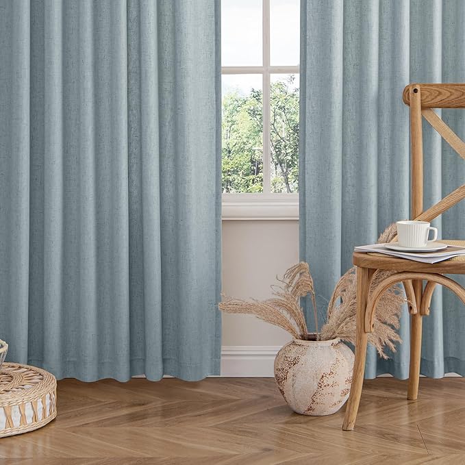 MIULEE Non-See-Through Privacy Linen Curtains 2 Panels, Light Filtering Window Curtains Farnhouse Textured Back Tab Semi Sheer Drapes for Bedroom Living Room, 52 x 90 Inches Long, Stone Blue