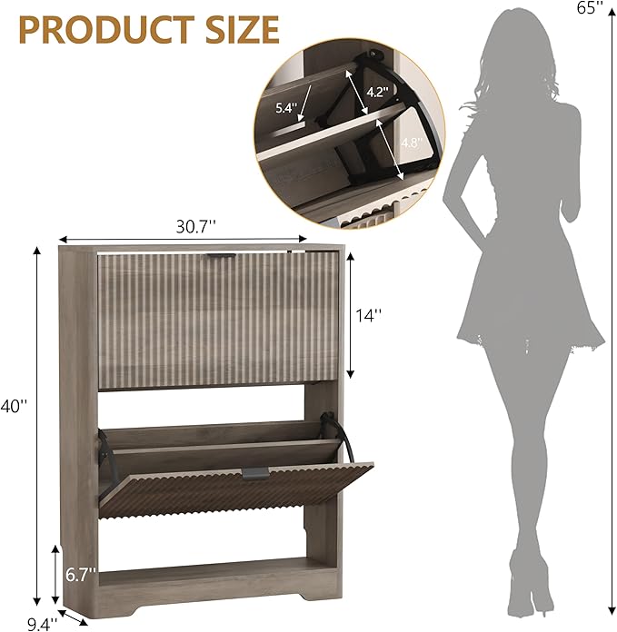 Shoe Cabinet Storage for Entryway with 2 Flip Drawers, Grey Fluted Shoe Cabinet with Open Storage, Wooden Hidden Shoe Rack Freestanding Narrow Slim Shoes Organizer for Hallway, Entrance