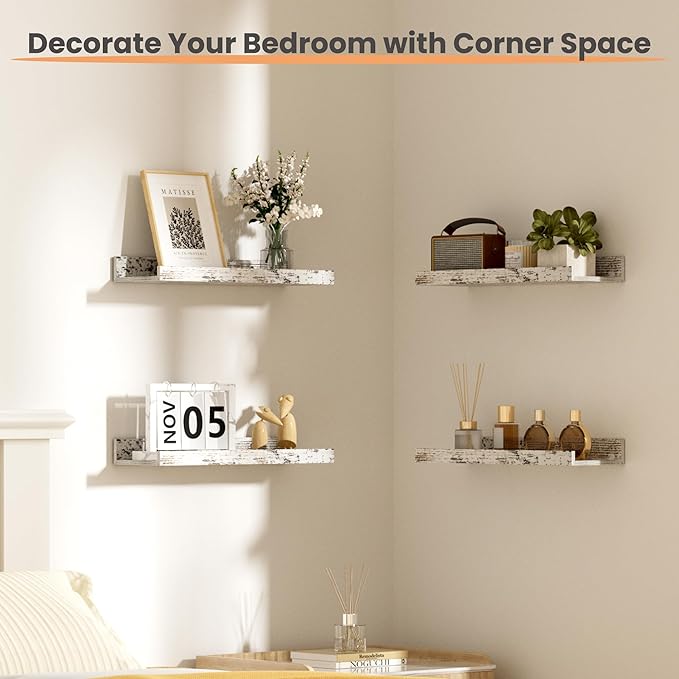 upsimples Floating Shelves for Wall, Wall Shelves for Decor Storage Set of 6, Wall Mounted Wood Shelves for Bedroom, Living Room, Bathroom, Kitchen, Picture Ledge Shelves, Rustic White