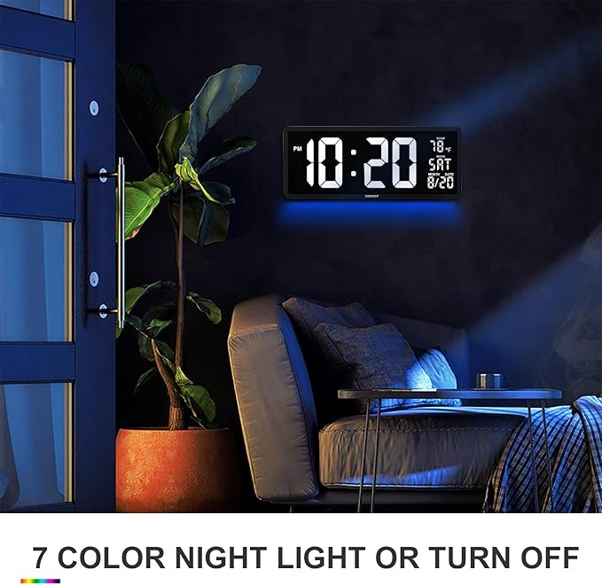 YORTOT 16” Large Digital Wall Clock with Remote Control and 7 Night Light, 4 Level Dimmer, Big LED Clock with Indoor Temperature, Date, Wall Mount/Fold Out Stand, Perfect for Home, Office, Gym (White)