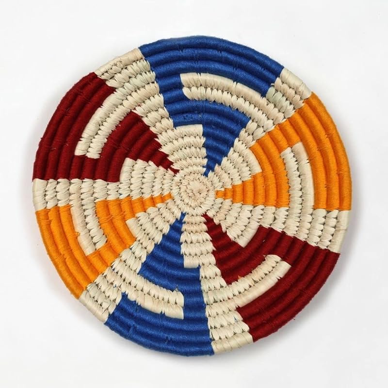 Set of 3 Round Boho Hanging Wall Basket Home Decor for Bedroom, Kitchen, Farmhouse Handmade Decorative Unique Indian Wall Decor Woven Wicker Baskets Christmas Gifting(Yellow Red Blue, Bright)