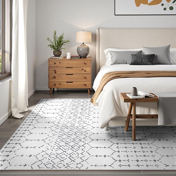 Lahome Moroccan 8x10 Rugs for Living Room - Non-Slip Washable Ultra-Thin Large Rug for Dining, Modern Geometric Print Indoor Soft Carpet for Bedroom Office, White