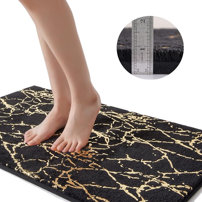 QJHOMO Marble Bathroom Runner Rug Gold Decor Long Bathroom Rugs Black Bath Mat Non Slip Super Absorbent Bathmat Machine Washable Floor Carpet for Tub, Shower, Bedroom (24x48 inch)