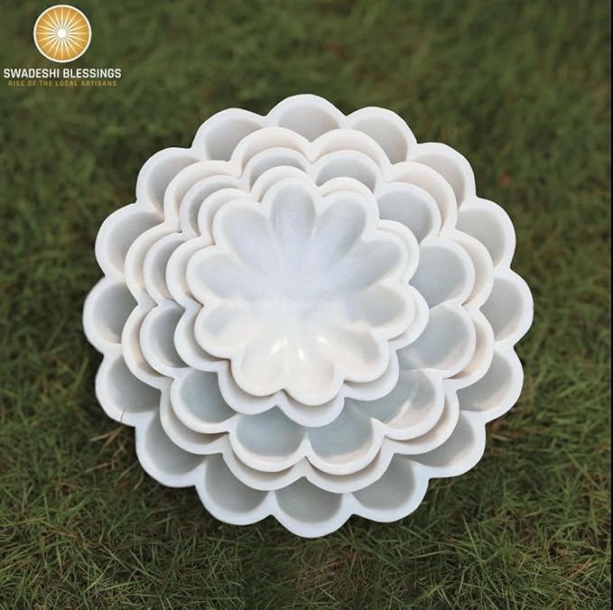 SWADESHI BLESSINGS HandCrafted Marble Decorative Bowl | White Ruffle Scalloped Fluted Key/Fruit Ring Dish | Organic Modern Home Decor (12 Inches)
