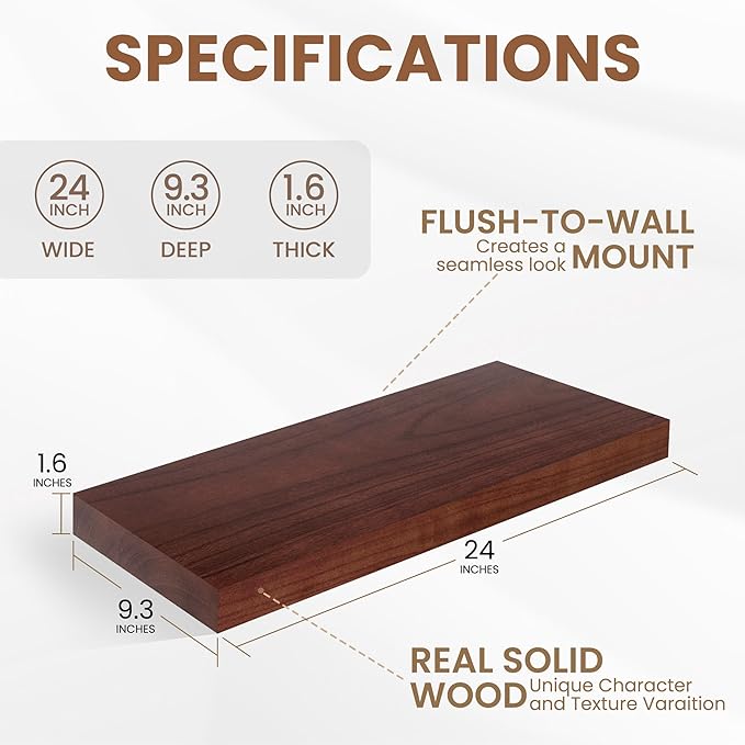 Floating Shelves, 9.3 Inch Deep Floating Shelves for Wall, Solid Wood Shelves 24 Inch Long, Deep Wall Shelves for Living Room, Bathroom, Kitchen, 24"W x 9.3"D x 1.6"H, Walnut Color, Set of 2