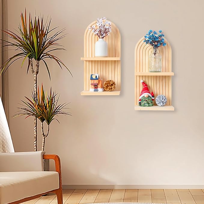 YIYA 2 Pcs Boho Wooden Rainbow Wall Shelves Floating Shelves for Wall Rainbow Arch Boho Floating Shelves Modern Boho Wall Shelf for Living Rooms Bathroom Display