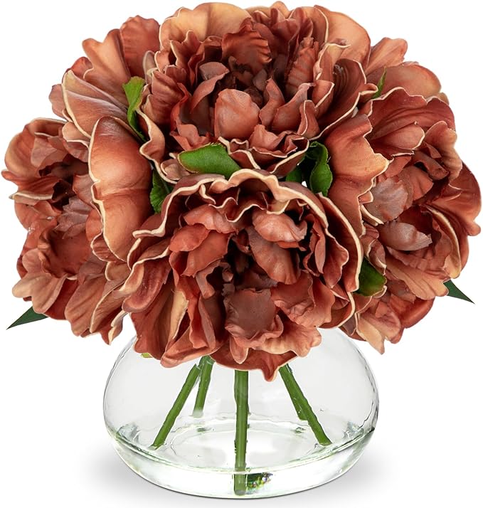 Hollyone Coffee Peonies Artificial Flowers with Vase Faux Flowers Peony Fake Flowers Silk Flower Arrangements in Glass Vase with Faux Water for Home Decor Bathroom Table Centerpiece Shelf Decorations