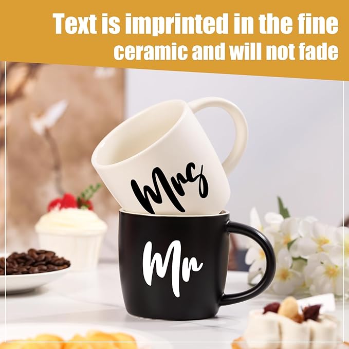 12 oz Mr and Mrs Mug, Ceramic Coffee Mug for the Couple, Ideal Gift for Engagement, Anniversary, His and Hers, Bride and Groom,Wedding Gifts for Couples 2025 - Set of 2 (Black & White)