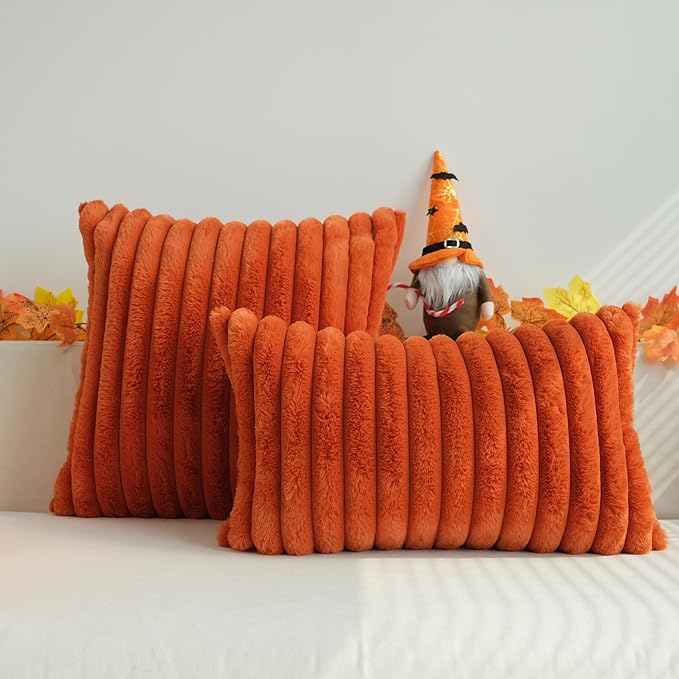 JOJUSIS Pack of 2 Faux Fur Plush Decorative Throw Pillow Covers Couch Cushion Case Soft Pillowcases Farmhouse Fall Home Decor (Rust, 12 x 20-Inch)