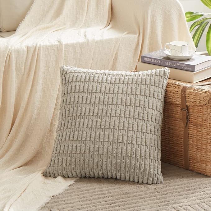 Fancy Homi 4 Packs Taupe Decorative Throw Pillow Covers 16x16 Inch for Living Room Couch Bed, Rustic Modern Farmhouse Boho Home Decor, Soft Plush Corduroy Cute Square Accent Cushion Case 40x40 cm