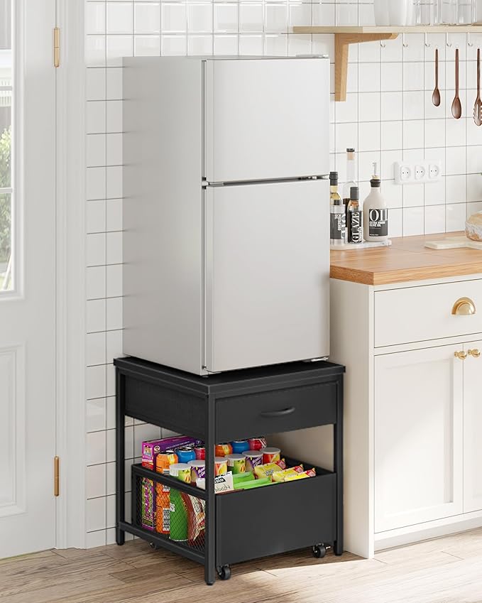End Table, 19.7 Inch Square Side Table, Mini Fridge Stand with Storage, Nightstand with Mobile Basket Cart, for Living Room, Bedroom, Black TBZ55BB