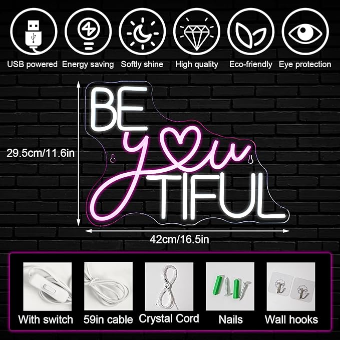 Be You Tiful Neon Led Sign, Rectangular Pink Neon Light Sign, 16.5''*11.6'', Wall Mount, Modern Love Theme, USB Powered, Acrylic Material, Perfect for Room Decor, Salon, Party, Gift