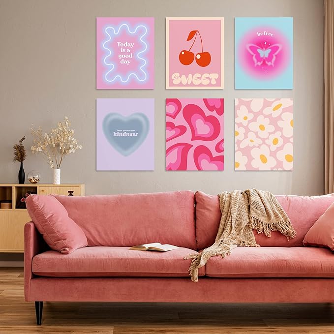 Habseligkeit Pink Gradient Aura Posters for Room Decor Aesthetic, Danish Pastel Cute Room Decor, Cozy Wall Art Prints for Girs Dorm Aesthetic Decor Unframed, 11x14in, Set of 6